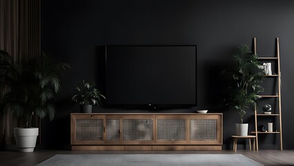  Mockup a TV wall mounted in a dark room with a black wall 