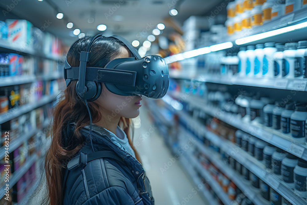 Poster a virtual reality shopping experience immersing customers in lifelike environments where they can br