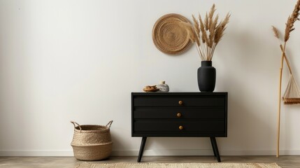 Free photos of odern black chest of drawers with pictures and decorative plants near white wall with window shape sunlight