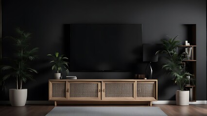  Mockup a TV wall mounted in a dark room with a black wall 