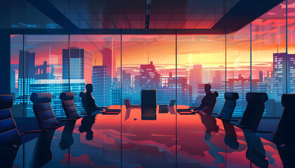Clipart of a sleek conference room with a panoramic city view hosting a highstakes negotiation betwe Generative AI