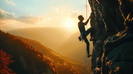 Free photo of silhouette of brave heroic man trying to climb with rope in mountain valley at sunset