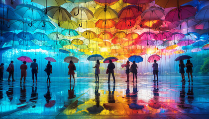 Wide-angle rainy street view with hinged multicolored umbrellas protecting passersby from the raindrops. Beautiful art installation.