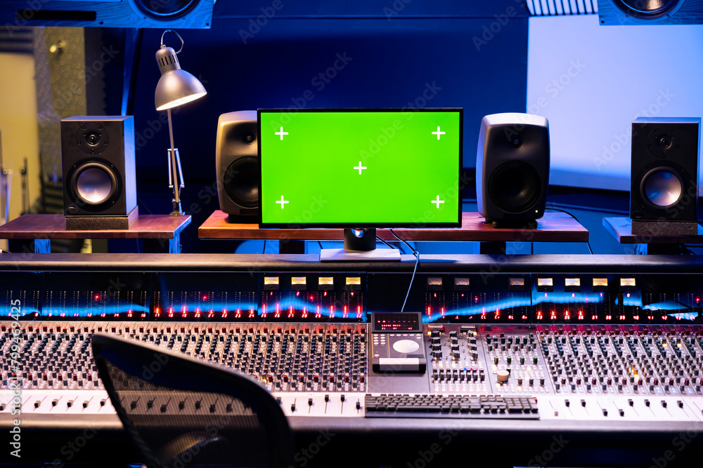 Poster Empty studio control room with greenscreen isolated monitor, professional panel board and technical equipment used in music post production. Equalizer and sliders on soundboard.