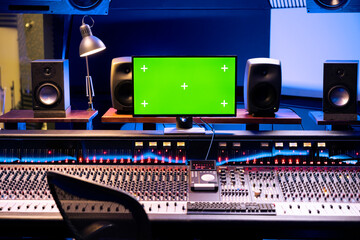 Empty studio control room with greenscreen isolated monitor, professional panel board and technical equipment used in music post production. Equalizer and sliders on soundboard.