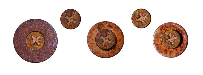 Rusty old screws with washers - on isolated transparent background.