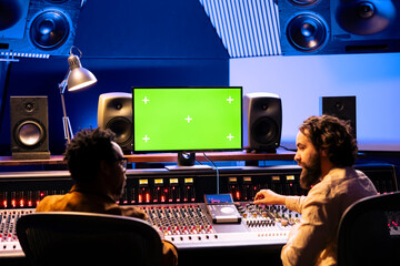 Musicians team working together on mixing tracks with isolated monitor screen, professional...