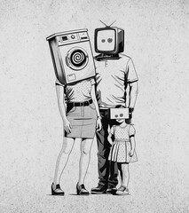 A family obsessed with technology. TV, smartphone, washing machine. Concept of human interaction with new technologies, philosophical illustration