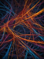 Complex network of intertwining filaments creates mesmerizing visual tapestry. Filaments, in varying shades of blue, orange, purple, weave, twist, forming dense.