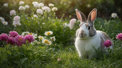 Small dutch rabbit with white, brown, gray fur sits alertly in patch of green grass. Rabbit's ears perked up, its dark eyes looking directly at viewer. Background blur of pink.