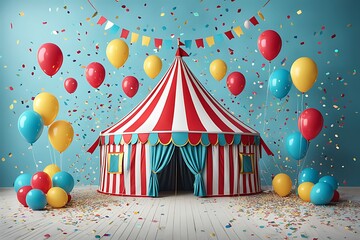  Circus tent with balloons and confetti designs, 3D rendering design 