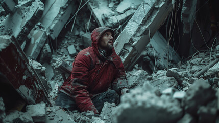 A person trapped in a collapsed building or wreckage, relying on courage and perseverance as they await rescue or find a way to escape to safety. - obrazy, fototapety, plakaty