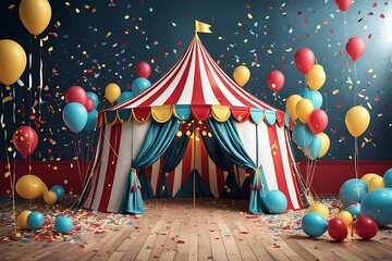  Circus tent with balloons and confetti designs, 3D rendering design 