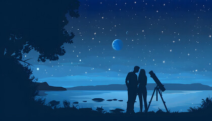 Clipart of a couple stargazing together on a beach at nightar74v60 Generative AI