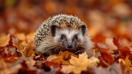 Hedgehog Walking Through Pile of Leaves