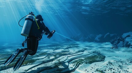 Exploring the Depths Underwater Diver Mapping Ocean Floor with Handheld Sonar Device
