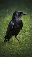 Obraz premium Large black crow with thick, sharp beak stands alert in patch of vibrant green grass. Crow's feathers sleek, glossy, with slight sheen in sunlight, its dark eyes fixed on something in distance.