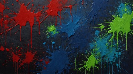 Bright red, blue, green paint splatters across dark gray surface. Paint forms abstract shapes, patterns as it drips down surface. Colors vibrant, saturated, creating visually striking image.