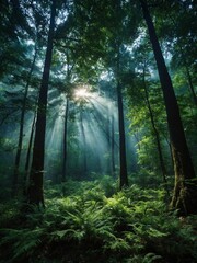 Obraz premium Bright rays of sunlight pierce through dense canopy of lush forest, illuminating mist, creating mystical atmosphere. Forest floor carpeted with vibrant green ferns.