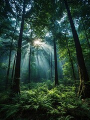 Bright rays of sunlight pierce through dense canopy of lush forest, illuminating mist, creating mystical atmosphere. Forest floor carpeted with vibrant green ferns.