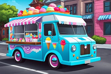 Ice-cream truck. Ai art. Cartoon illustration design. 