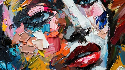 An abstract portrait of a woman, made using only oil paint strokes and palette knife techniques. Her face is fragmented into different pieces painted in various shades of red, pink, yellow, 