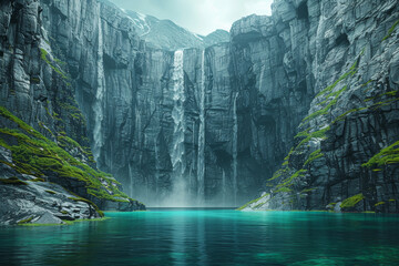 A mystical fjord carved by ancient glaciers, with steep cliffs rising from emerald waters and...