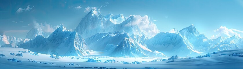 Stylized depiction of an arctic landscape with ice mountains against a cool blue sky