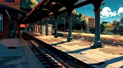 Subway station platform in a sunny day, anime scene style, digital illustration. anime. Illustrations