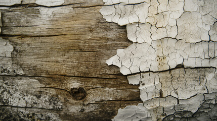 Close-up image capturing the gritty texture of weathered wood with cracked and peeling white paint, highlighting the beauty of decay and the passage of time in natural materials