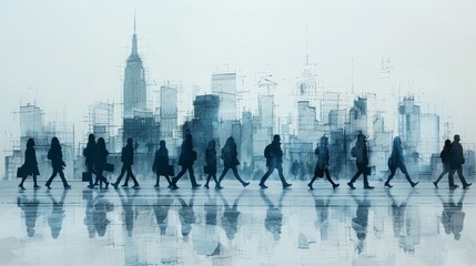 Modern illustration showing group of urban commuters walking on a city street to get to their workplace repeatedly. Urban commuter workers concept one line drawing design modern illustration.