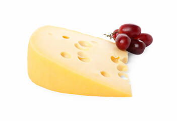 Piece of delicious cheese and grapes isolated on white