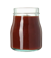 Tasty barbecue sauce in glass jar isolated on white