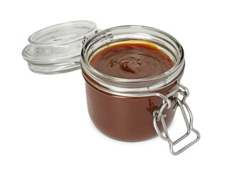 Tasty barbecue sauce in glass jar isolated on white