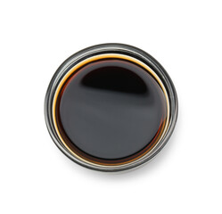 Tasty soy sauce in bowl isolated on white, top view