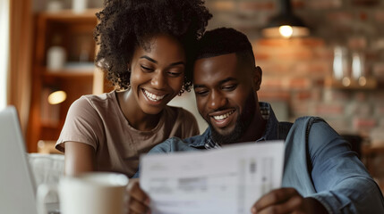 Fototapeta premium Couple smiles reviewing financials, celebrating stability and security through disciplined saving, smart management.