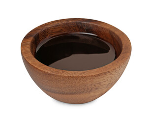 Tasty soy sauce in wooden bowl isolated on white