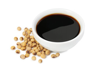 Tasty soy sauce in bowl and soybeans isolated on white