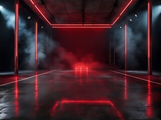  Dark stage with red background design, empty scene, neon lights, spotlights, concrete floor, and smoke for product display design. 