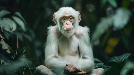Albino Chimpanzee in Contemplative Pose, Rare Wildlife Portrait