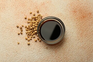 Soy sauce in bowl and beans on beige textured table, flat lay