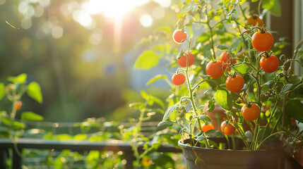 Cherished Balcony Garden: Ripe Tomato Plants Thriving in a Tiny Oasis of Greenery and Flowering Beauty