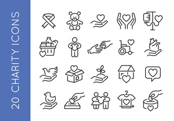 Charity icons. Set of 20 trendy minimal icons depicting various aspects of charity and giving, including Awareness Ribbon, Hands Holding Heart, and Family icon. Vector illustration