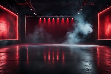  Dark stage with red background design, empty scene, neon lights, spotlights, concrete floor, and smoke for product display design. 