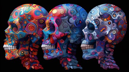 Obraz premium Three colorful skulls are painted on a black background, AI