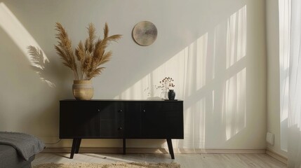 Modern black chest of drawers with pictures and decorative plants near white wall with window shape sunlight