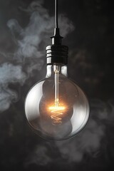 A light bulb hanging from a ceiling with smoke coming out of it, AI