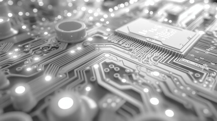 A detailed view of a circuit board highlighting intricate paths and electronic components, illuminated by soft light - Generative AI