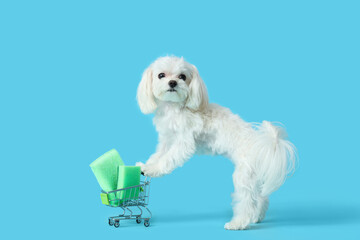 Cute dog and small shopping cart with cleaning supplies on blue  background