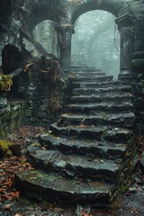 Obraz premium A stone steps leading up to a cave with moss and plants, AI